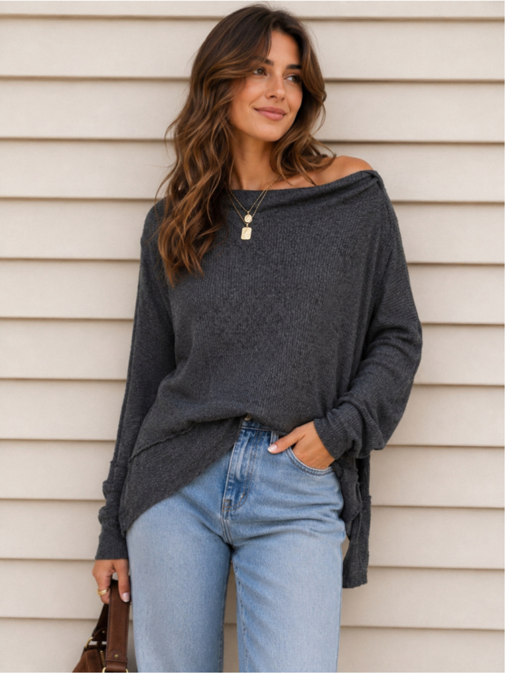 Free People We The Free Londontown Thermal Top S Gray Oversized Asymmetrical